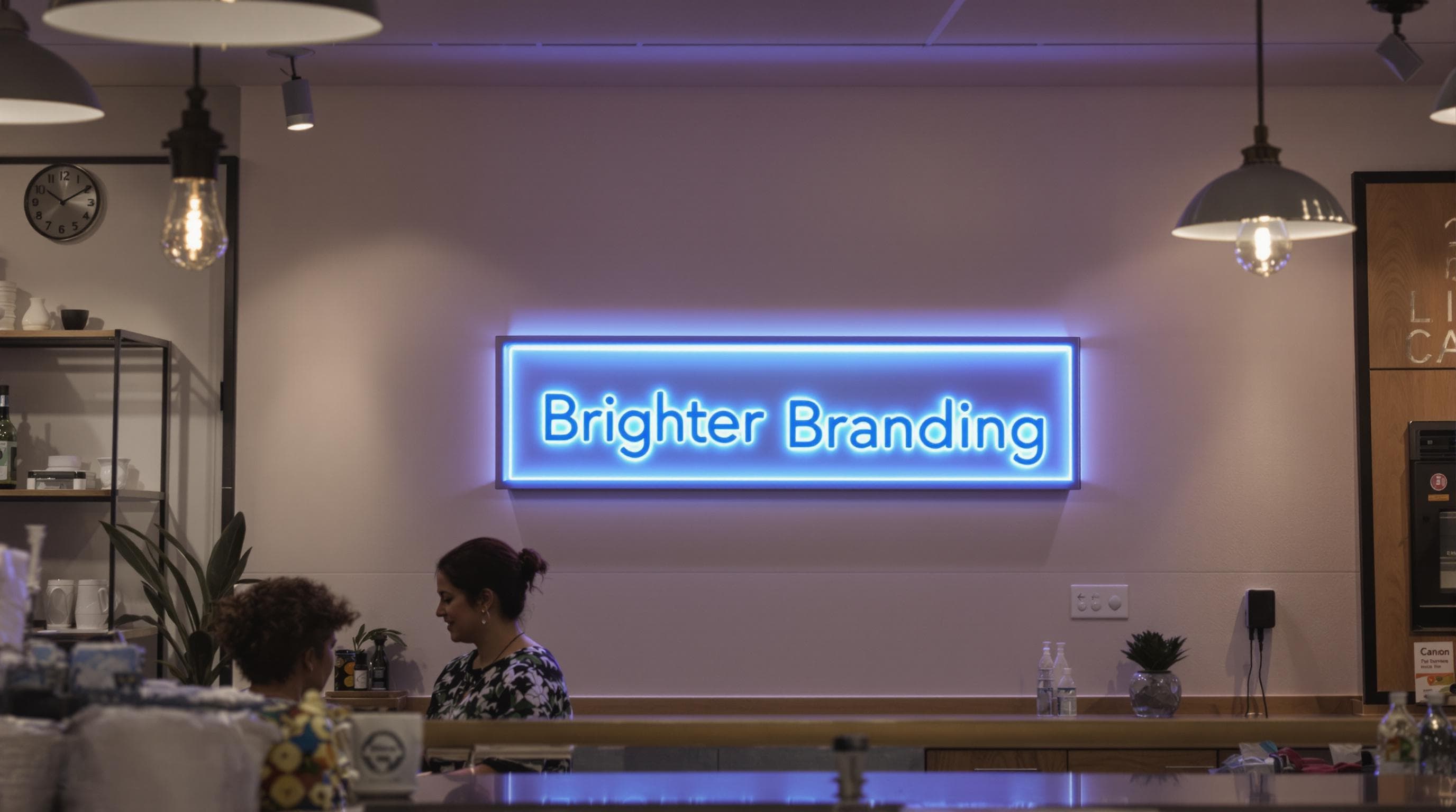 Indoor backlit lightbox sign with people interacting