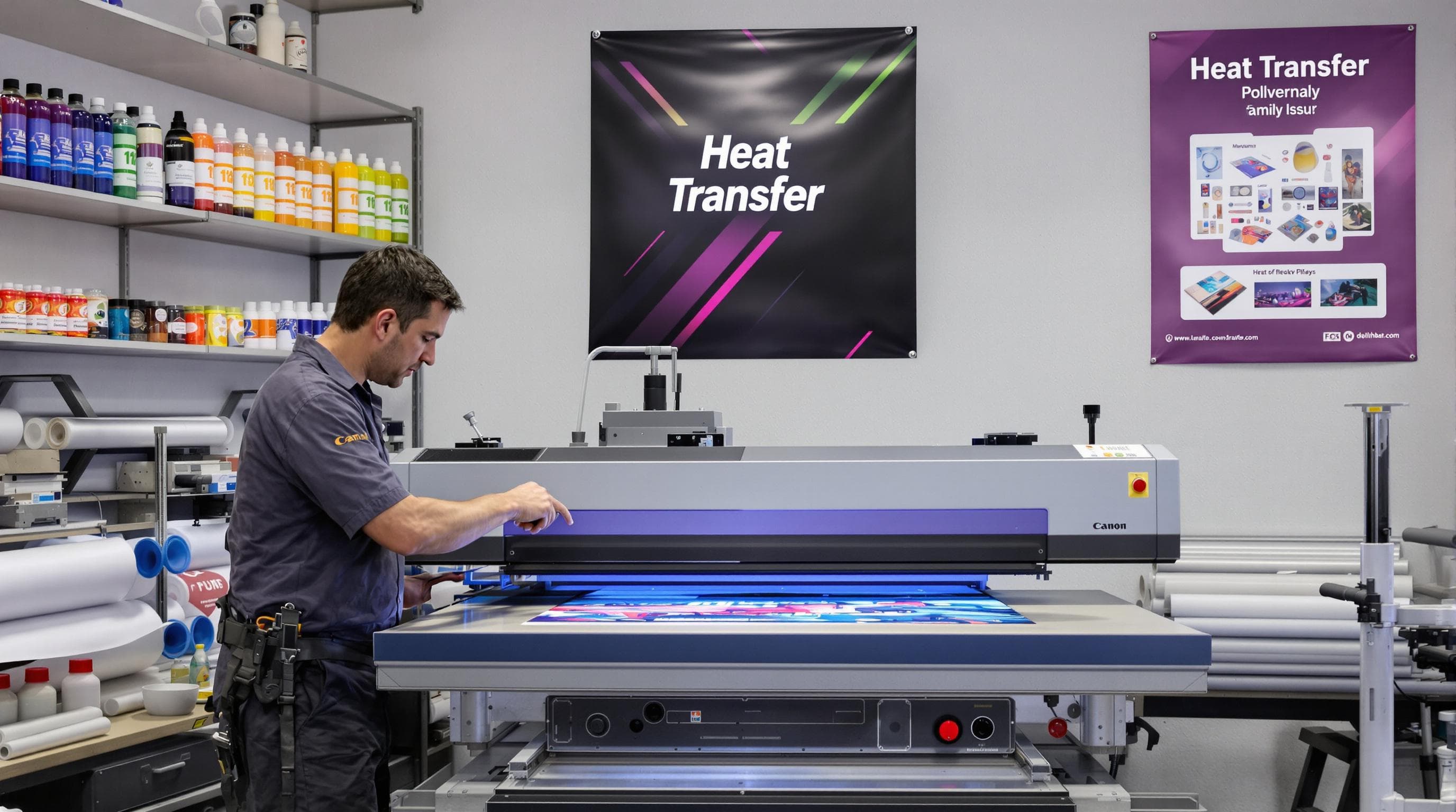 Technician Using Heat Press For Dye Sublimation In Print Workshop