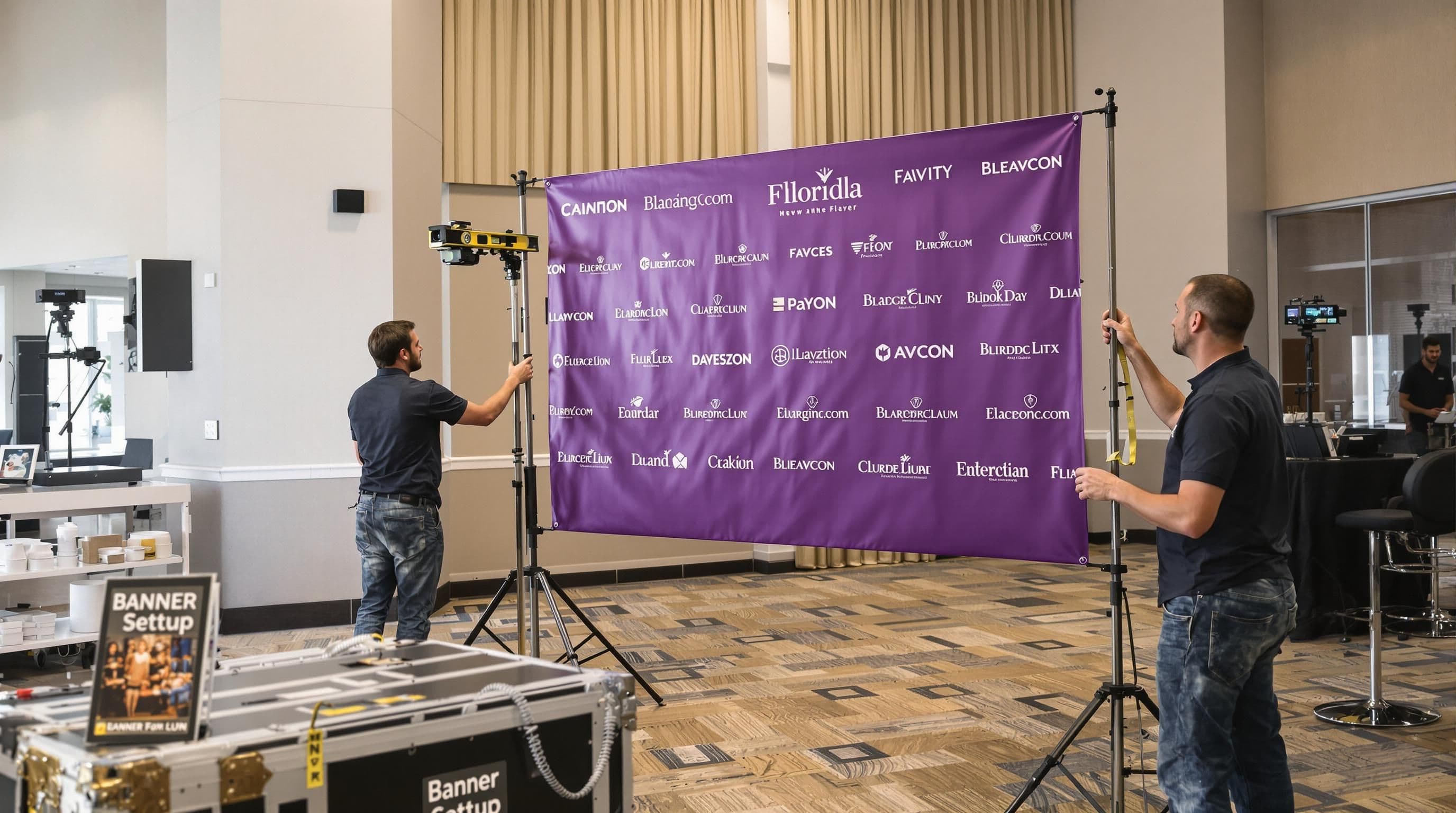 Event Staff Assembling Step And Repeat Banner With Setup Tools