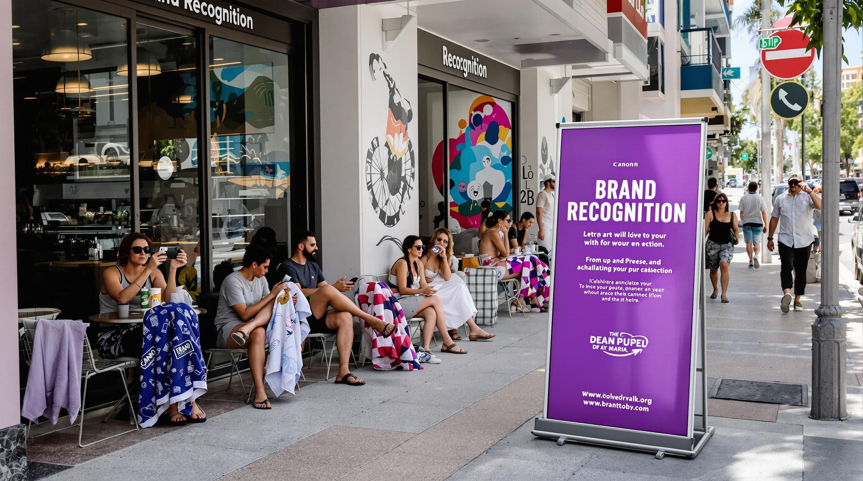 Miami Locals Using Branded Items Near Café And 'Brand Recognition' Poster