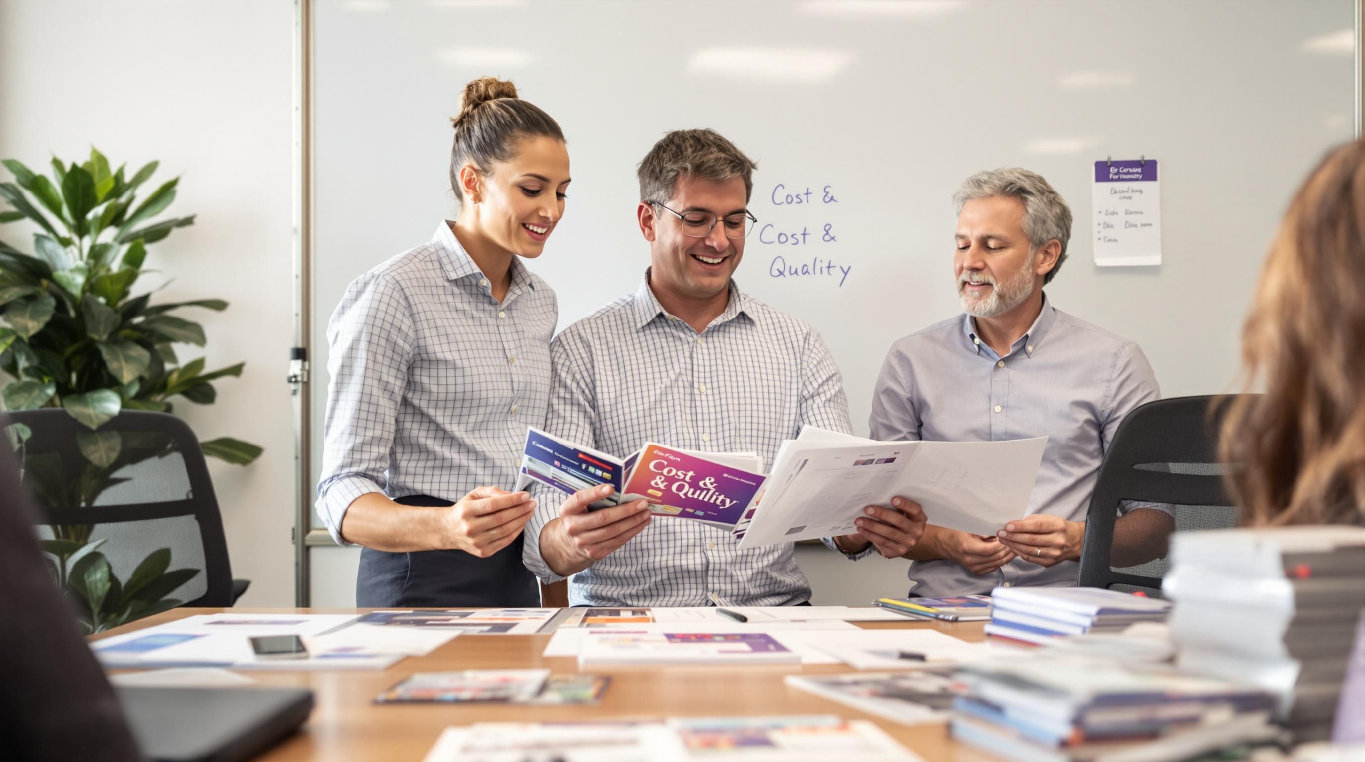 Florida Business Team Comparing Digital And Offset Print Samples While Analyzing Cost And Quality