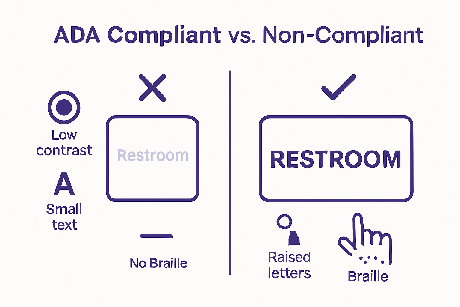 Understanding Ada Compliant Signs: What You Need To Know Comparison Of Compliant And Non-Compliant Ada Signs With Icons.