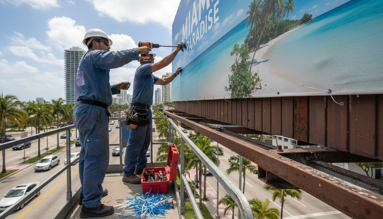 Installers Mounting Colorful Miami Billboard