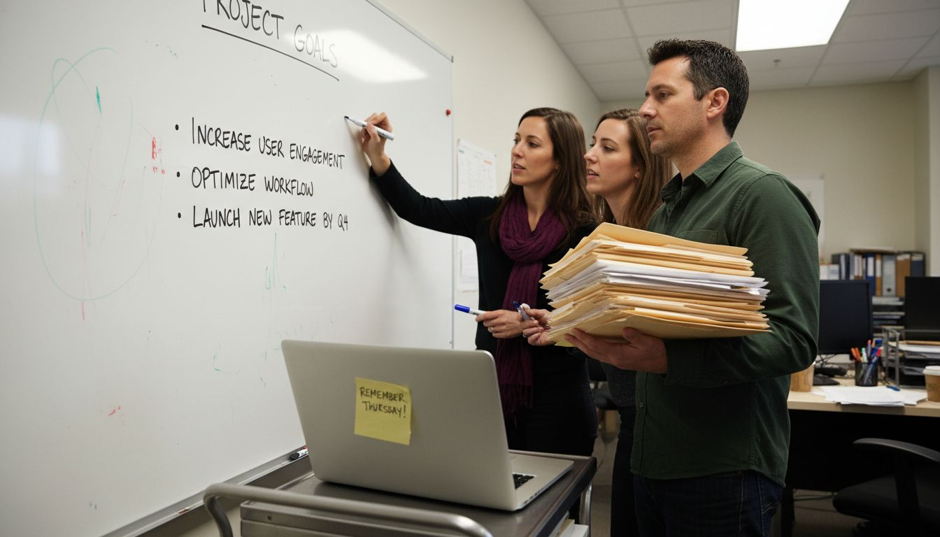 Team Discussing Print Project Goals At Whiteboard