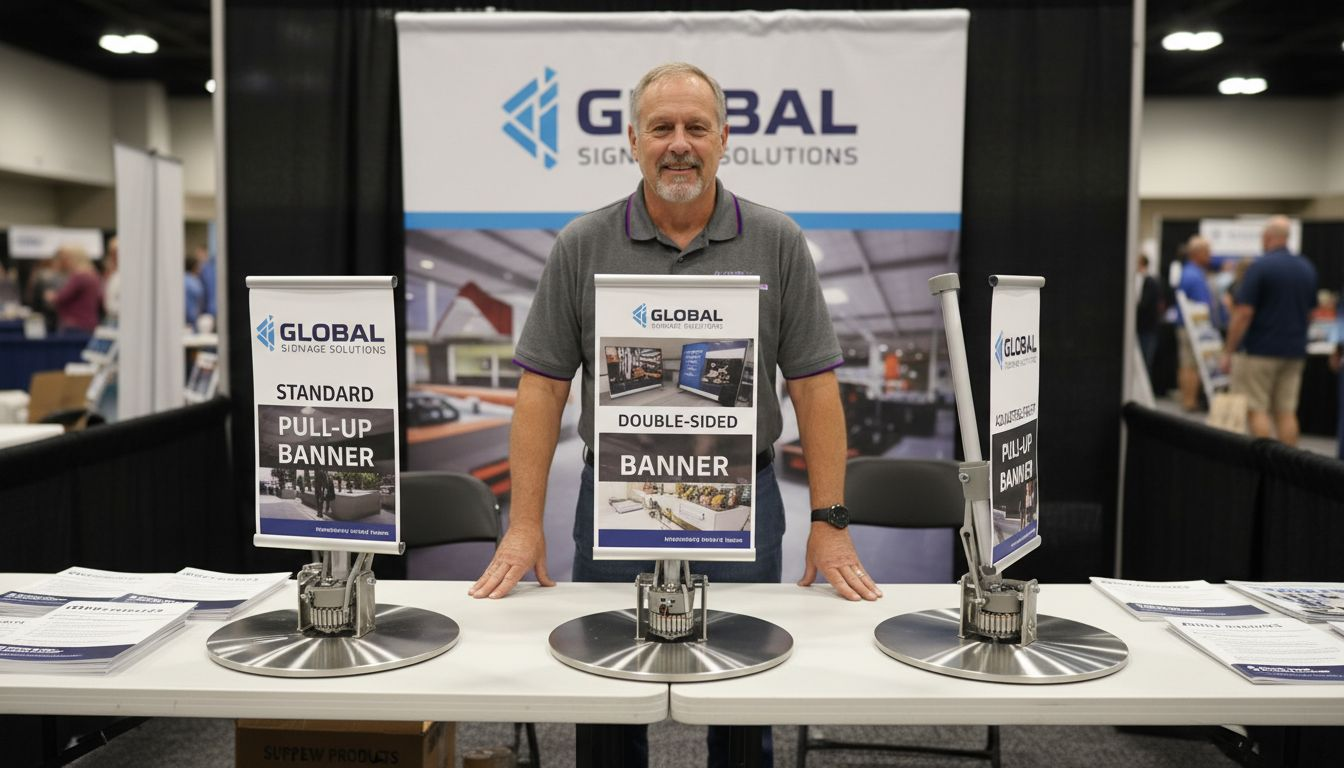 Retractable Banners: Portable Branding For Events Different Retractable Banner Types On Display Table