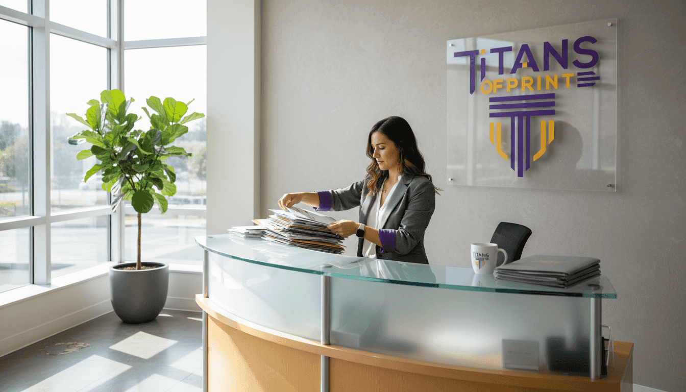 Receptionist And Flat Logo Sign In Office Lobby