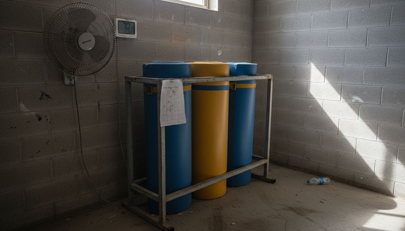 Gym mats drying on rack in storage area