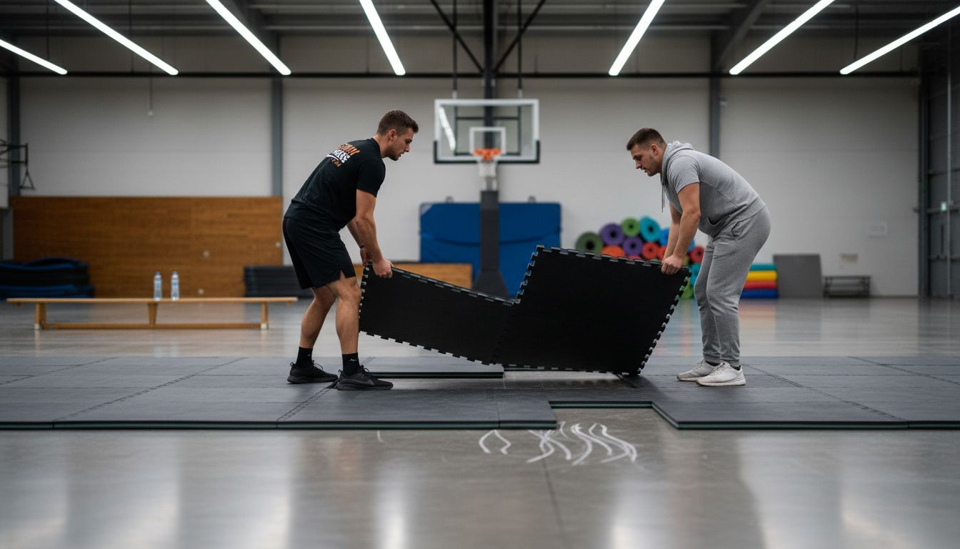 Staff quickly reconfiguring modular gym mats