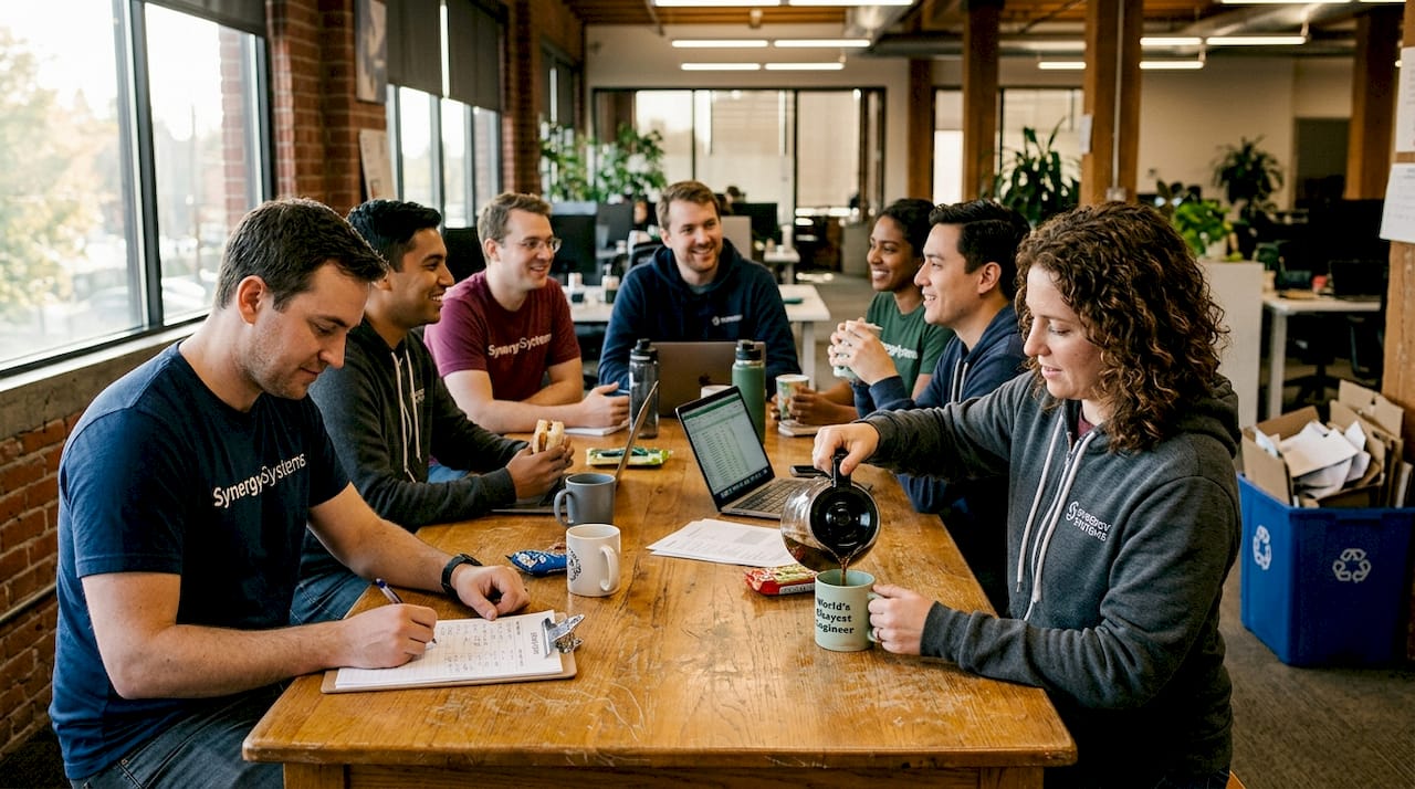 Team gathering in branded hoodies and shirts