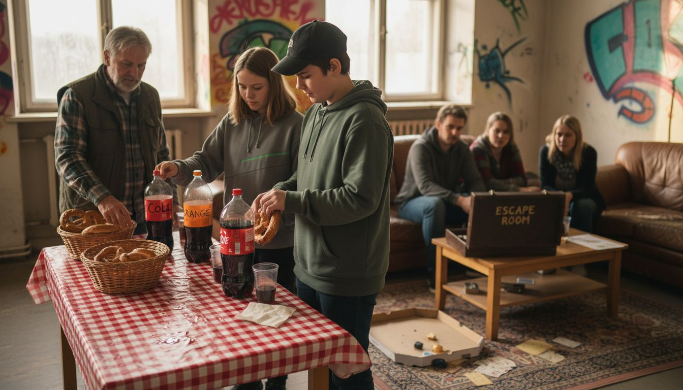 Kurze Verschnaufpause mit Snacks beim Escape-Event – die Requisiten sorgen für das richtige Abenteuer-Feeling.