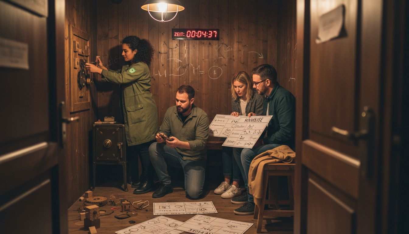 Ein Team von Kollegen stellt sich gemeinsam der Herausforderung eines Escape Rooms und löst knifflige Rätsel, um als Gruppe erfolgreich zu sein.