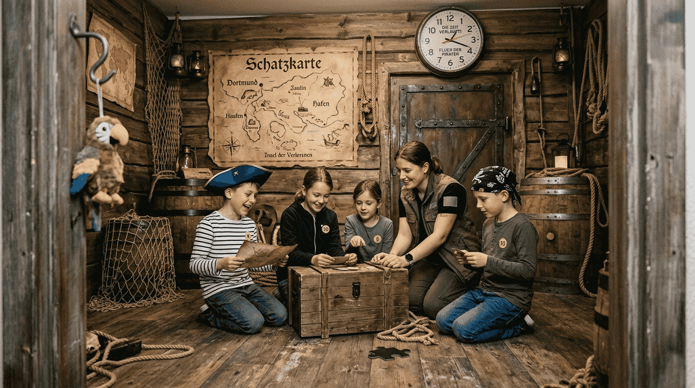 Kinder erleben gemeinsam mit einem Spielleiter ein spannendes Abenteuer im Piraten-Escape-Room.