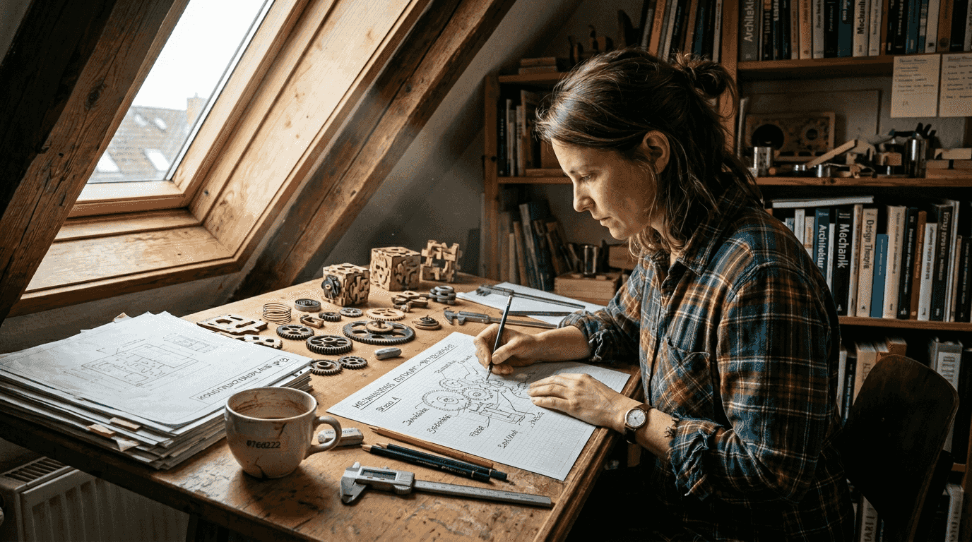 Ein Designer arbeitet an ersten Skizzen für ein neues Rätsel im Escape Room und entwickelt einen Prototypen.