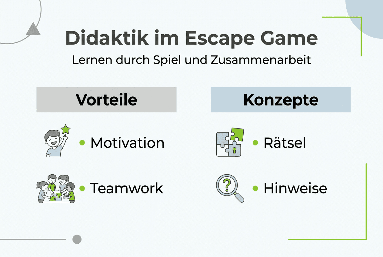 Übersicht: Didaktische Konzepte und Vorteile von Escape Games im Unterricht – eine Infografik
