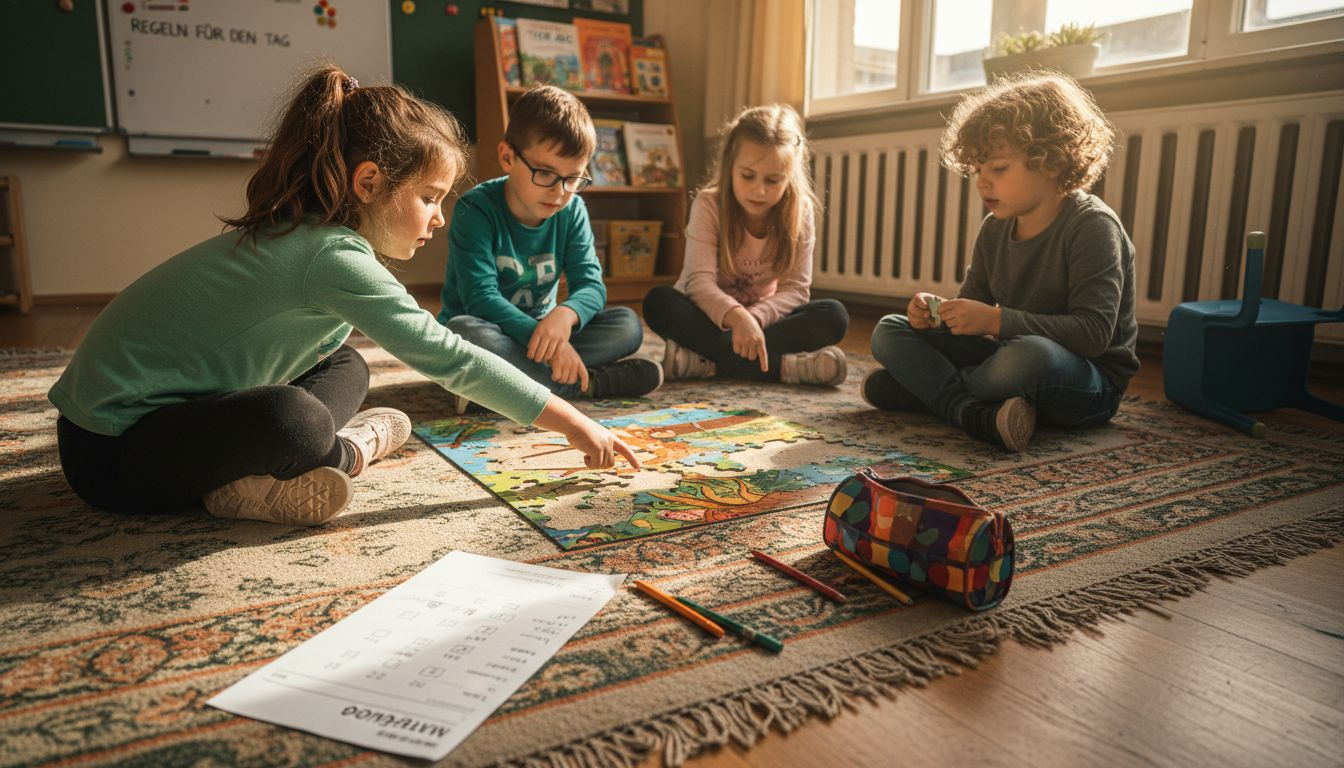Mehrere Kinder sitzen gemeinsam auf dem Boden im Klassenraum und tüfteln an einem Puzzle.