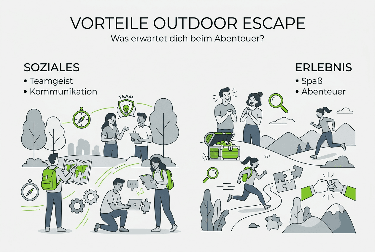 Die Infografik veranschaulicht, welche Vorteile Outdoor Escape Games bieten.