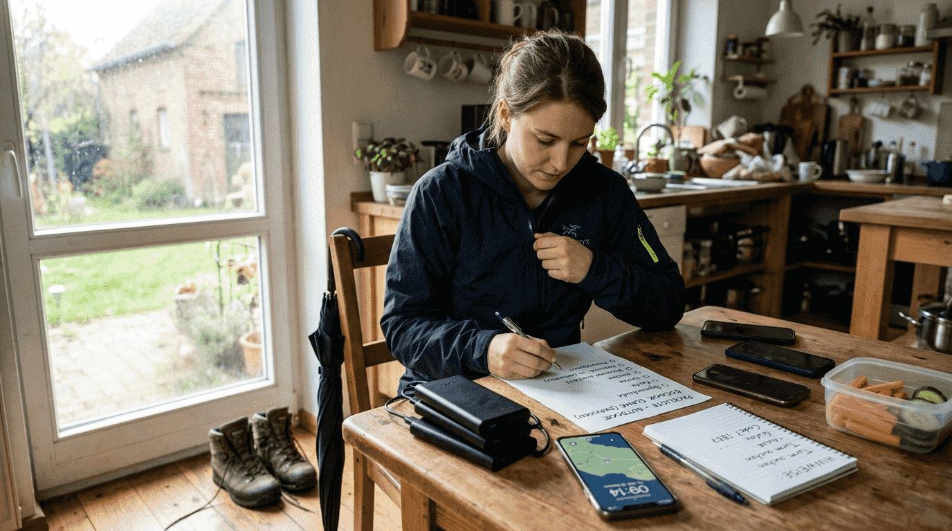 Eine Frau packt ihre Ausrüstung für ein Outdoor-Abenteuer zusammen.