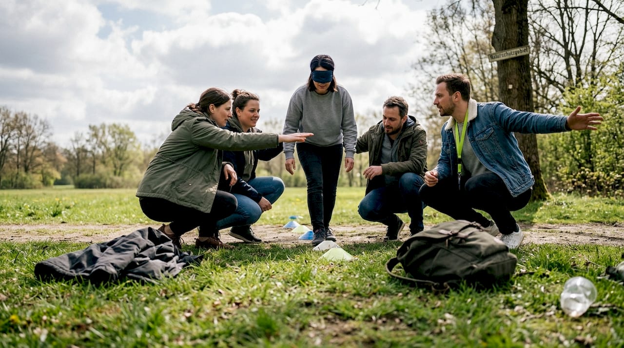 Teamtraining im Freien: Gemeinsam einen Parcours mit verbundenen Augen meistern