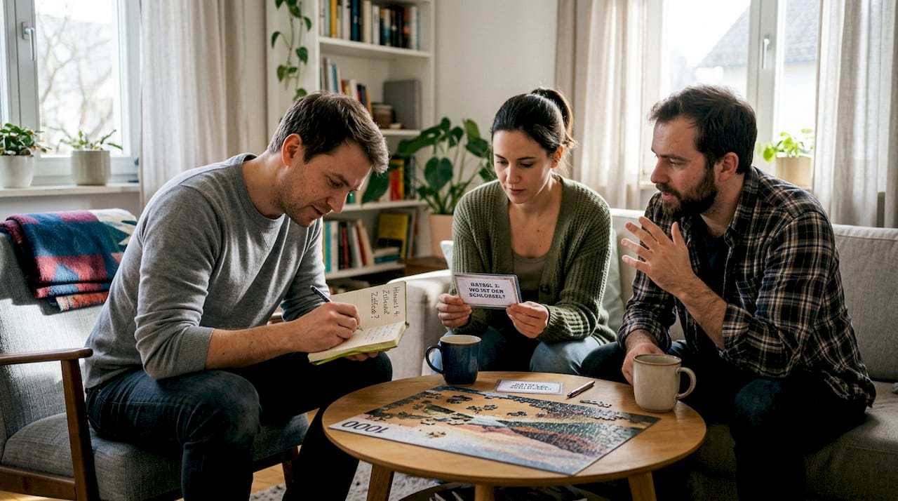 Das Team tüftelt gemeinsam zu Hause an einer Strategie für ihr Escape-Game.