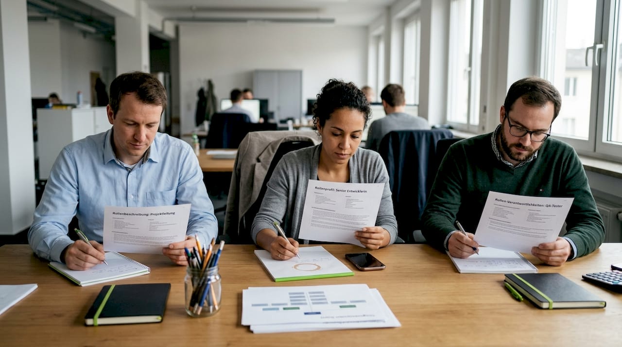 Mitarbeiter prüfen gemeinsam die Aufgabenverteilung und Teamstruktur