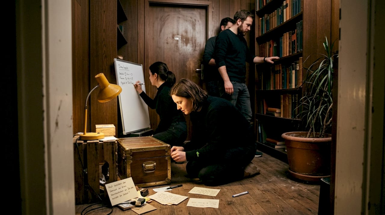 Ein Team tüftelt gemeinsam an den Rätseln im Escape Room.