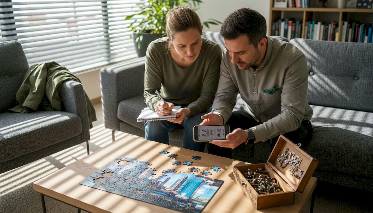 Im Escape Room treffen sich Kollegen, um gemeinsam knifflige Rätsel zu lösen und als Team zusammenzuarbeiten.