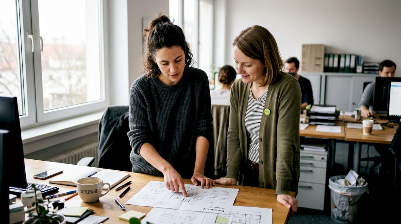 Zwei Kolleginnen besprechen gemeinsam am Schreibtisch eine Aufgabe.