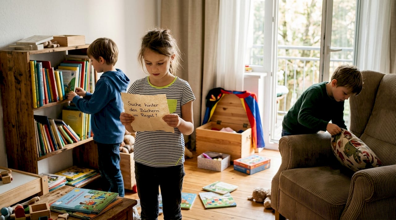 Kinder machen sich im Spielzimmer begeistert auf die Suche nach versteckten Hinweisen für eine Schatzsuche.