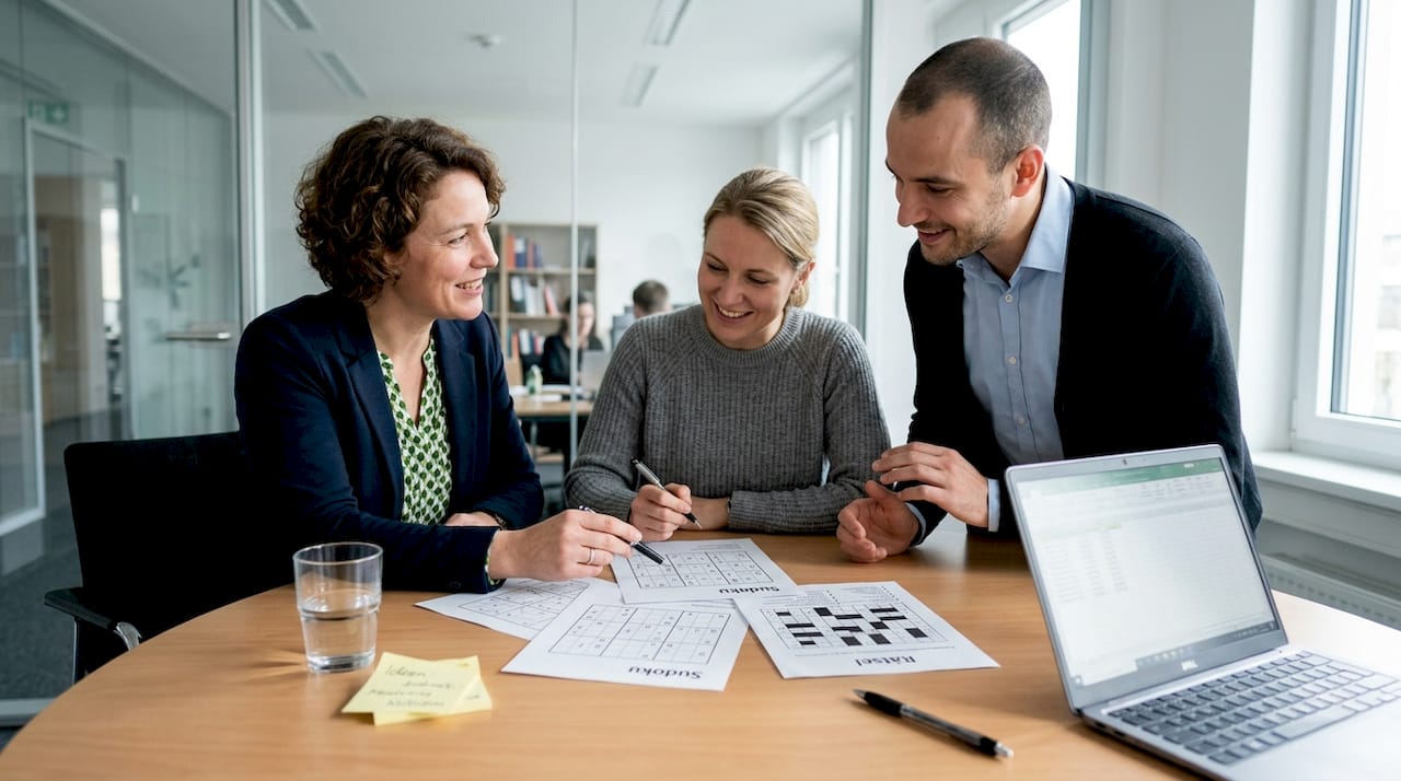 Im Besprechungsraum knobeln die Kollegen gemeinsam an einem Rätsel.