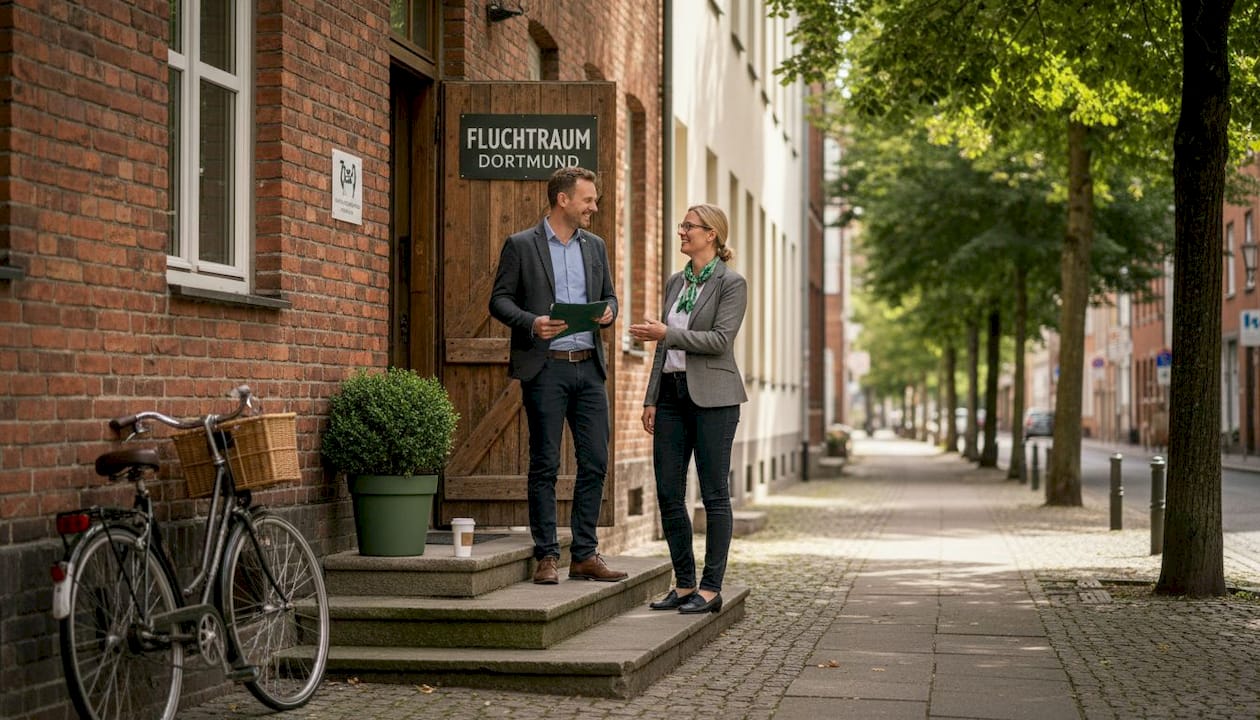 Einige Büroangestellte stehen vor dem Eingang zum Escape Room in Dortmund.