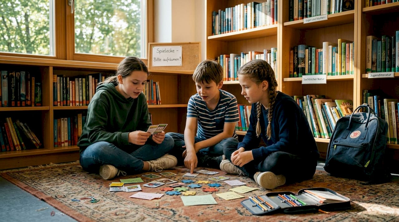 Kinder tüfteln gemeinsam an einem kniffligen Lernspiel.