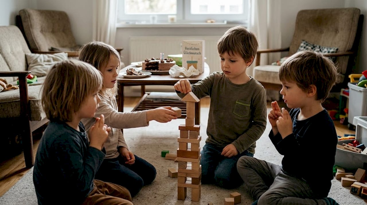 Mehrere Kinder stapeln gemeinsam bunte Bauklötze und lassen so einen hohen Turm entstehen.