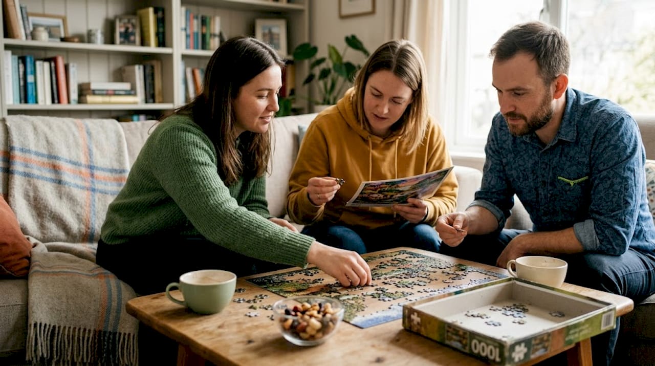 Mehrere Erwachsene sitzen gemütlich am Couchtisch und tüfteln gemeinsam an einem Puzzle.