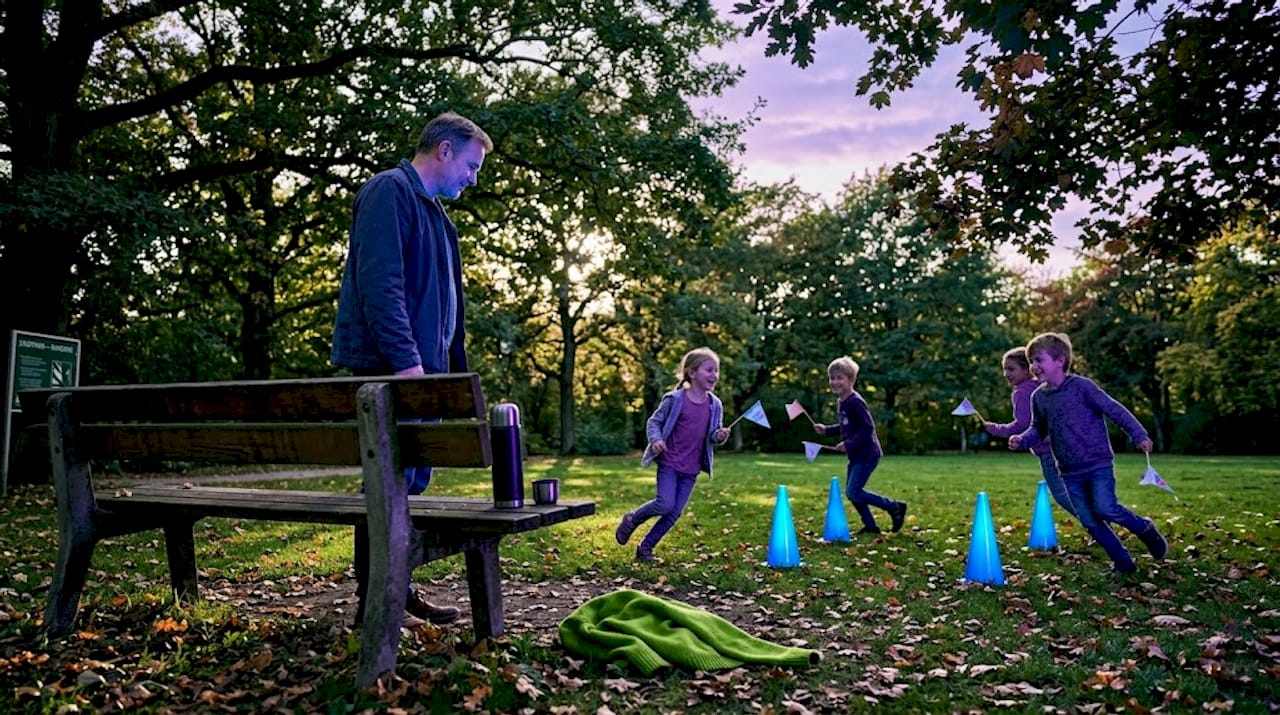 Ein Erwachsener betreut eine Kindergruppe beim gemeinsamen Spielen im Park.