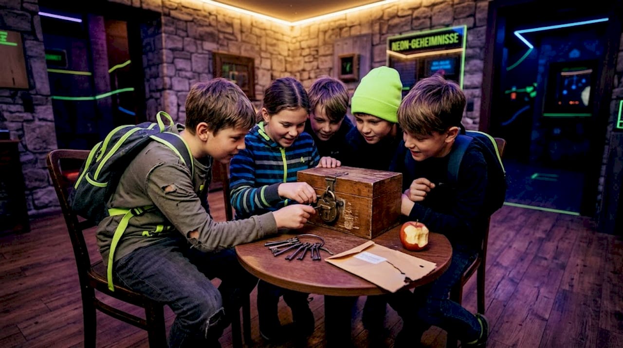 Eine Gruppe von Kindern knobelt gemeinsam an spannenden Rätseln.