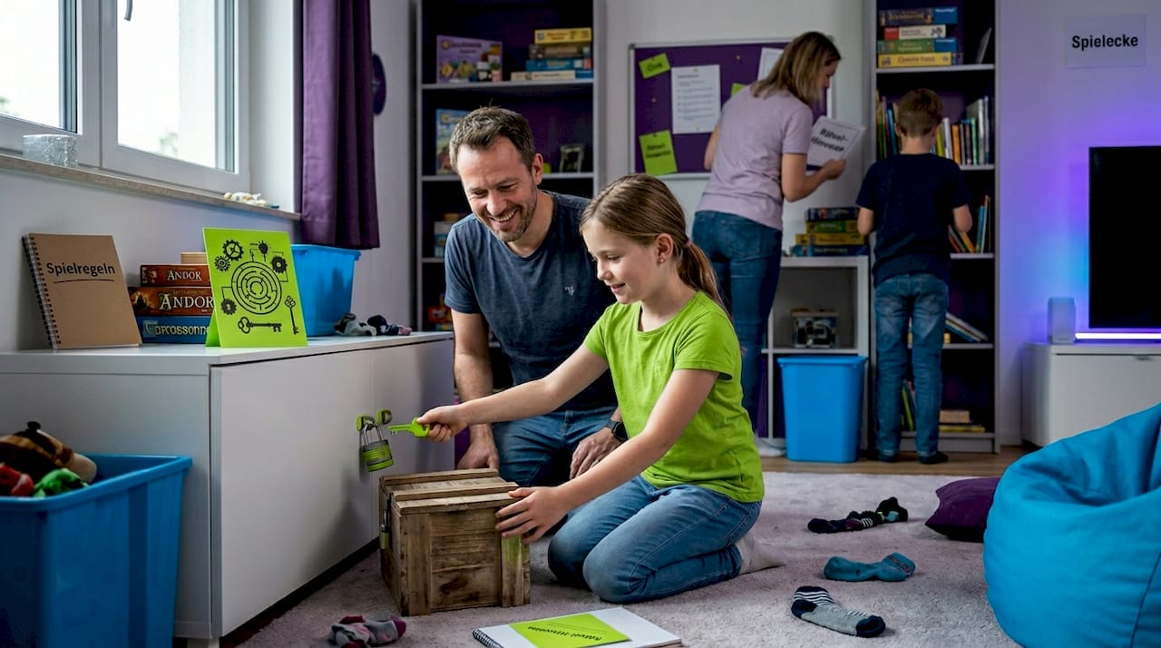 Gemeinsam knobeln Vater und Tochter an spannenden Escape-Rätseln.