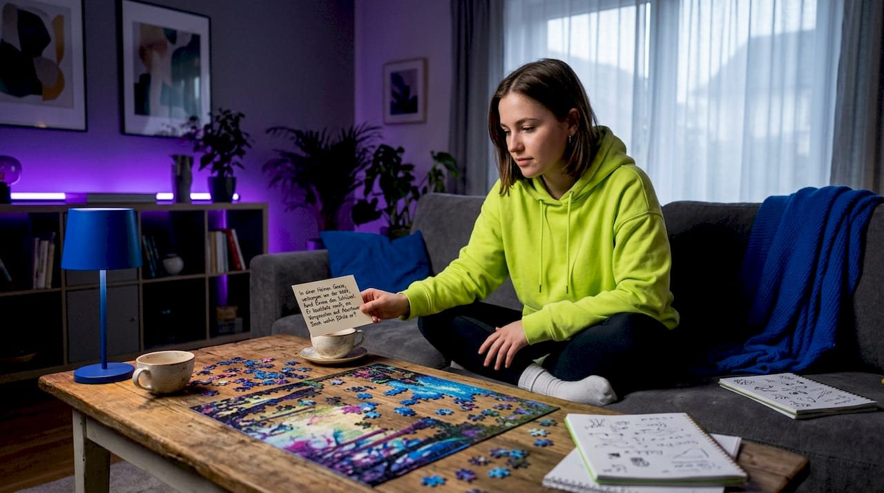 Eine Frau fügt eine Erzählkarte mit einzelnen Puzzleteilen zusammen.