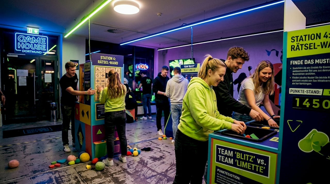 Erwachsene haben Spaß daran, gemeinsam typische Spiele aus bekannten Fernsehsendungen zuhause auszuprobieren.