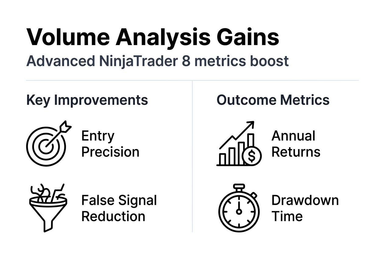volume analysis guide 2026: master ninjatrader 8 techniques 3 infographic showing ninjatrader 8 volume analysis gains