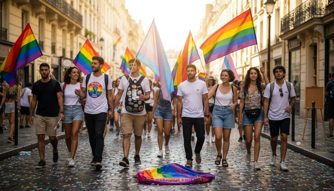 Une marée humaine arpente les rues de Paris, brandissant fiÚrement des drapeaux arc-en-ciel.