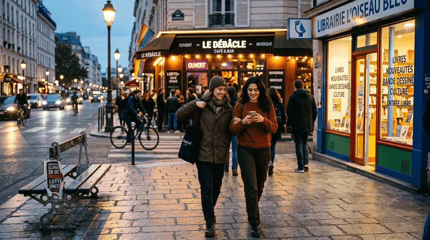 Ambiance festive et colorée dans les rues du quartier LGBT de Bastille, où la vie ne s’arrête jamais.