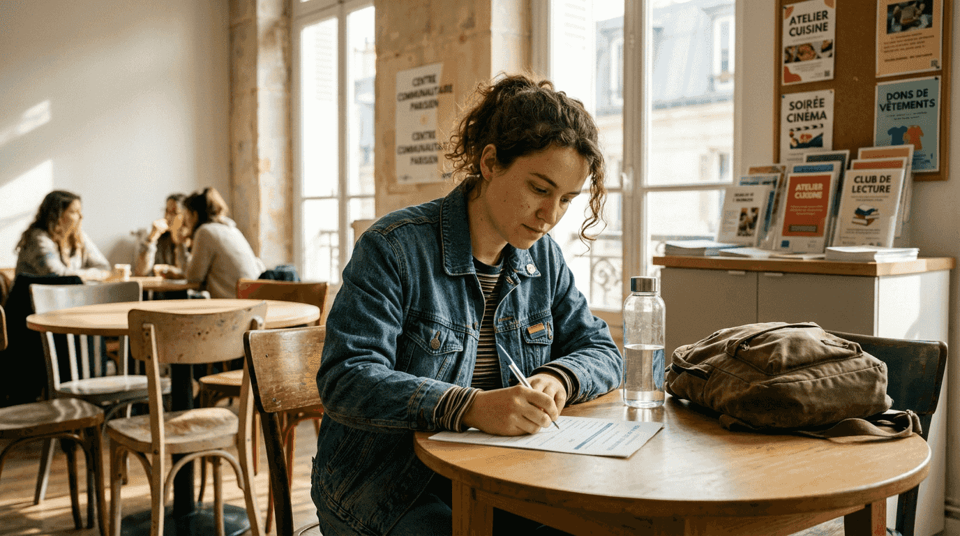 Une personne en train de remplir son dossier d’inscription au centre LGBT de Paris.