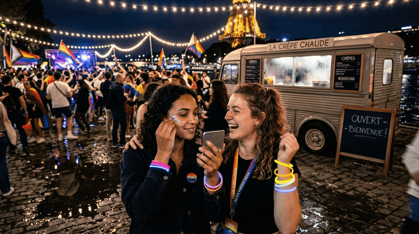 Une bande d’amis profite de l’ambiance festive de la Marche des Fiertés à Paris, sous les lumières de la nuit.