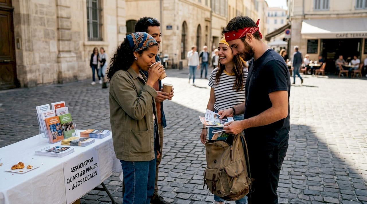 Des personnes réunies autour d’un stand LGBT lors d’un événement associatif à Marseille