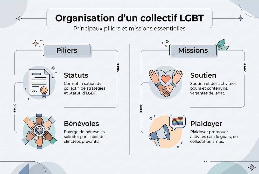 Présentation visuelle du fonctionnement et des rôles d’un collectif LGBT
