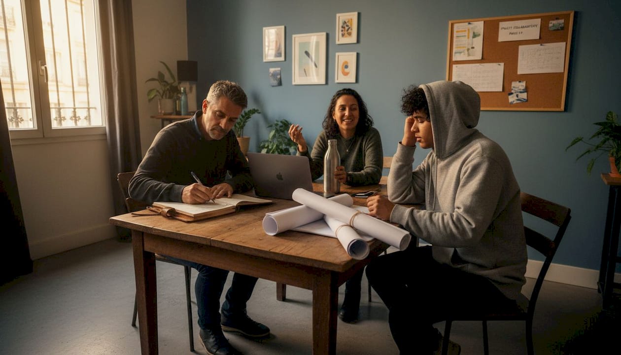 Échanges conviviaux entre membres d’un collectif LGBT réunis dans une salle parisienne