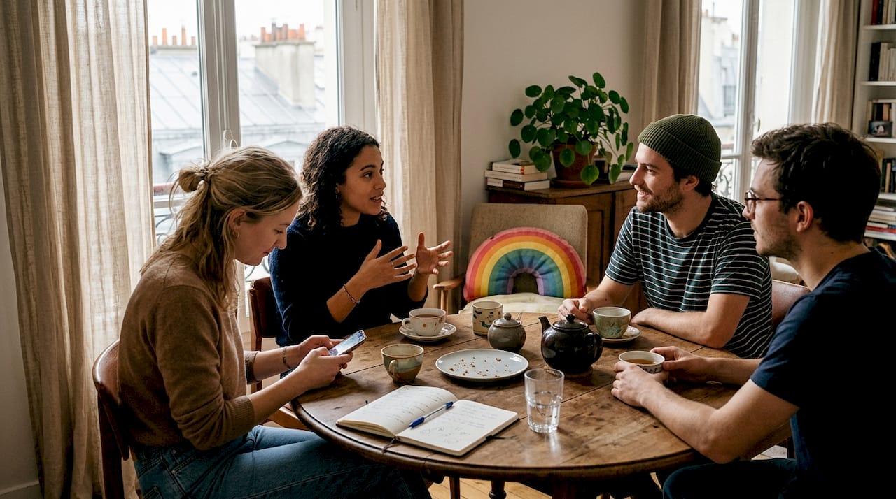 Un groupe chaleureux partageant un moment de convivialité dans un salon accueillant
