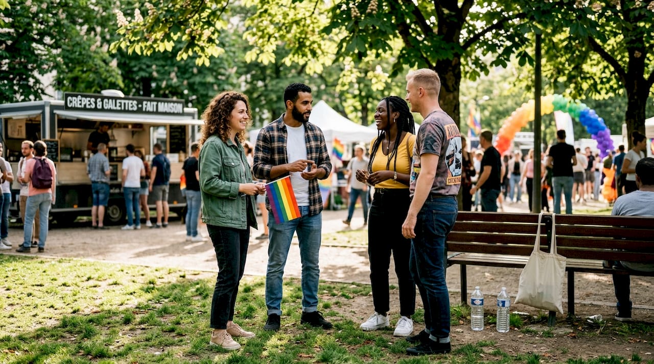 Discussion animée entre amis lors d’un festival LGBT, en plein air, sous le soleil.