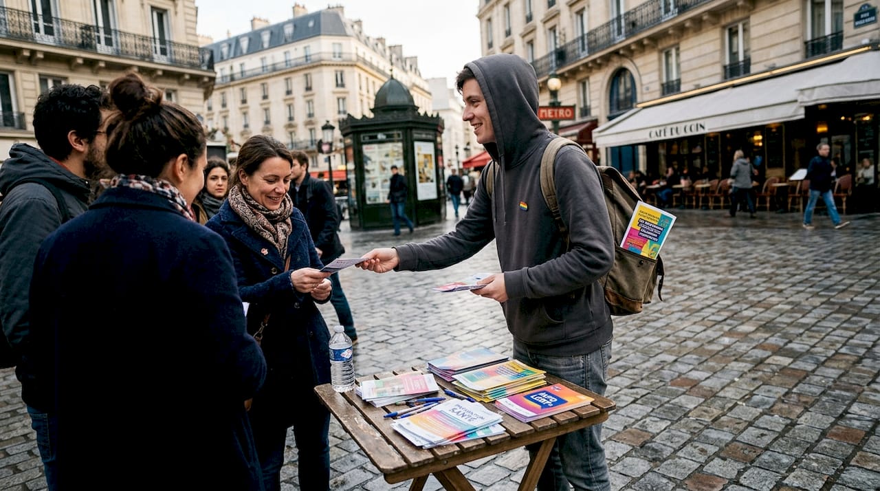 Un bénévole engagé distribue des brochures d'information sur la santé LGBT dans les rues de Paris.