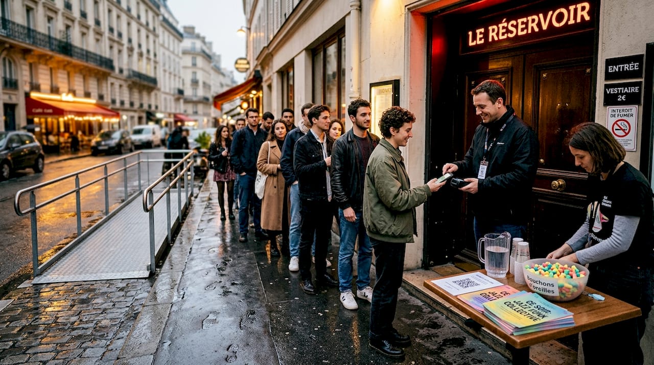 Une file de personnes attend devant l'entrée d'un club ouvert à tous.